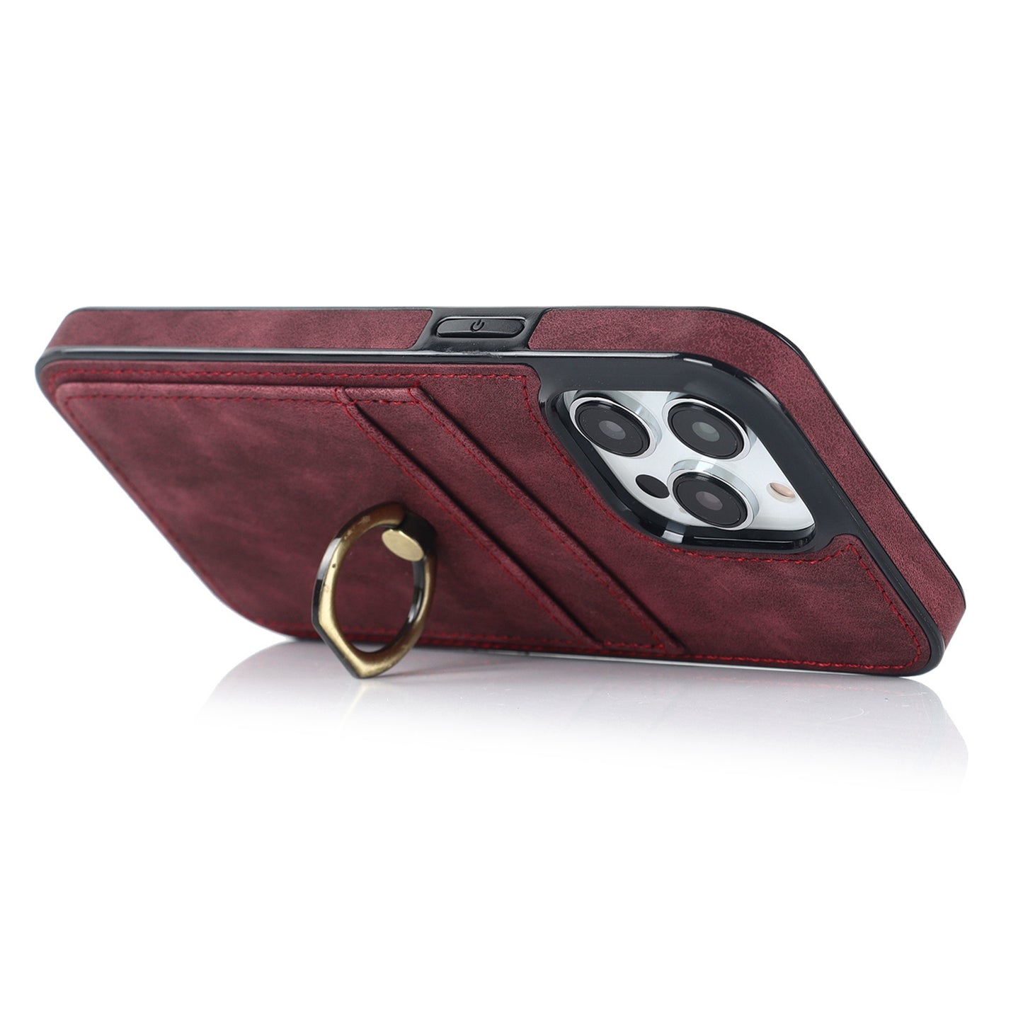 For iPhone 13 Pro 6.1 inch Card Holder Retro PU Leather Coated TPU Cover Ring Holder Kickstand Phone Case