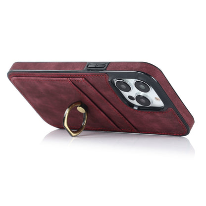 For iPhone 13 Pro 6.1 inch Card Holder Retro PU Leather Coated TPU Cover Ring Holder Kickstand Phone Case