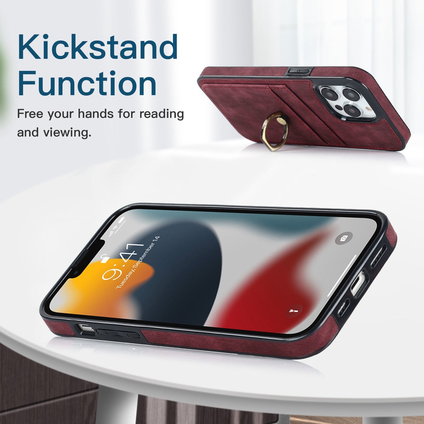 For iPhone 13 Pro 6.1 inch Card Holder Retro PU Leather Coated TPU Cover Ring Holder Kickstand Phone Case