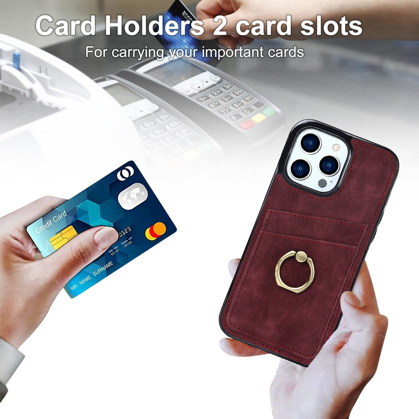 For iPhone 13 Pro 6.1 inch Card Holder Retro PU Leather Coated TPU Cover Ring Holder Kickstand Phone Case