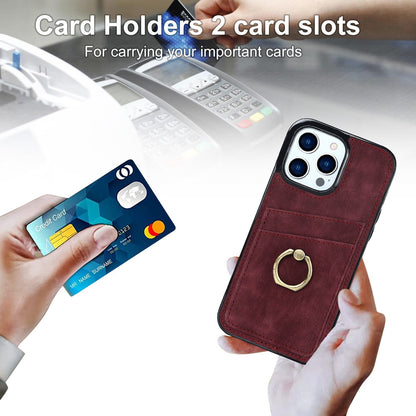 For iPhone 13 Pro 6.1 inch Card Holder Retro PU Leather Coated TPU Cover Ring Holder Kickstand Phone Case