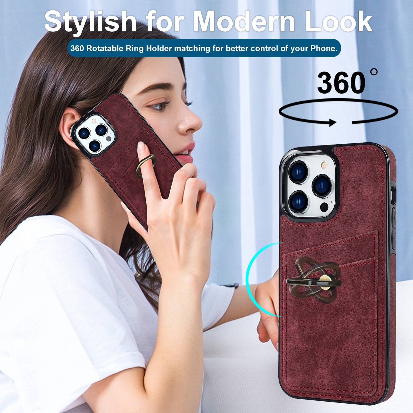 For iPhone 13 Pro 6.1 inch Card Holder Retro PU Leather Coated TPU Cover Ring Holder Kickstand Phone Case