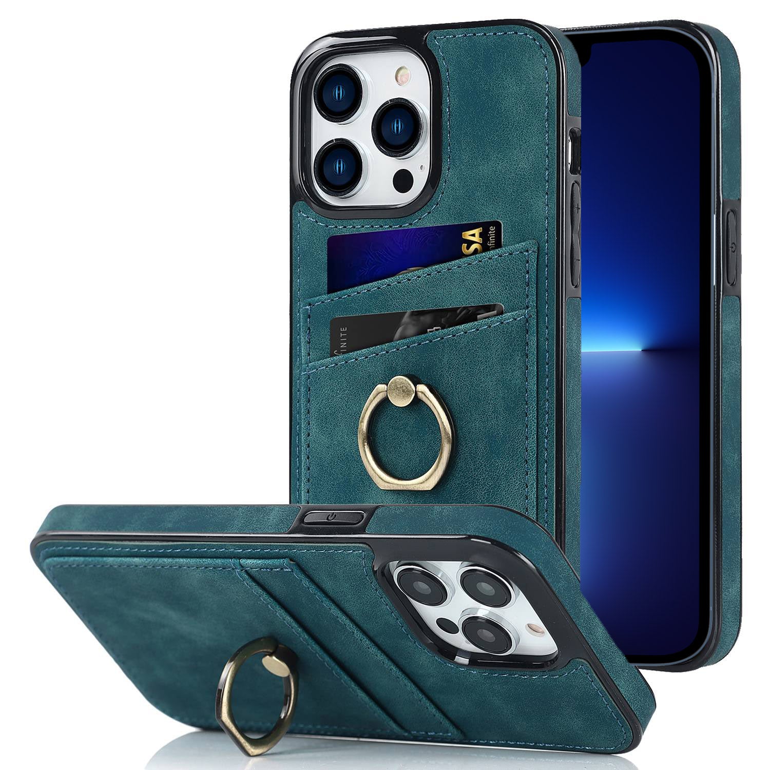 For iPhone 13 Pro 6.1 inch Card Holder Retro PU Leather Coated TPU Cover Ring Holder Kickstand Phone Case