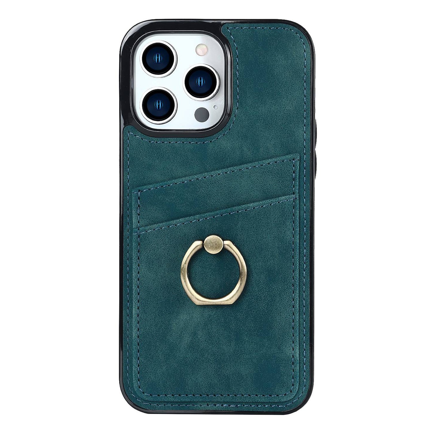 For iPhone 13 Pro 6.1 inch Card Holder Retro PU Leather Coated TPU Cover Ring Holder Kickstand Phone Case