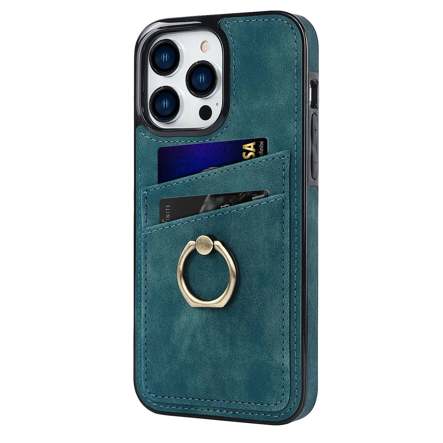 For iPhone 13 Pro 6.1 inch Card Holder Retro PU Leather Coated TPU Cover Ring Holder Kickstand Phone Case
