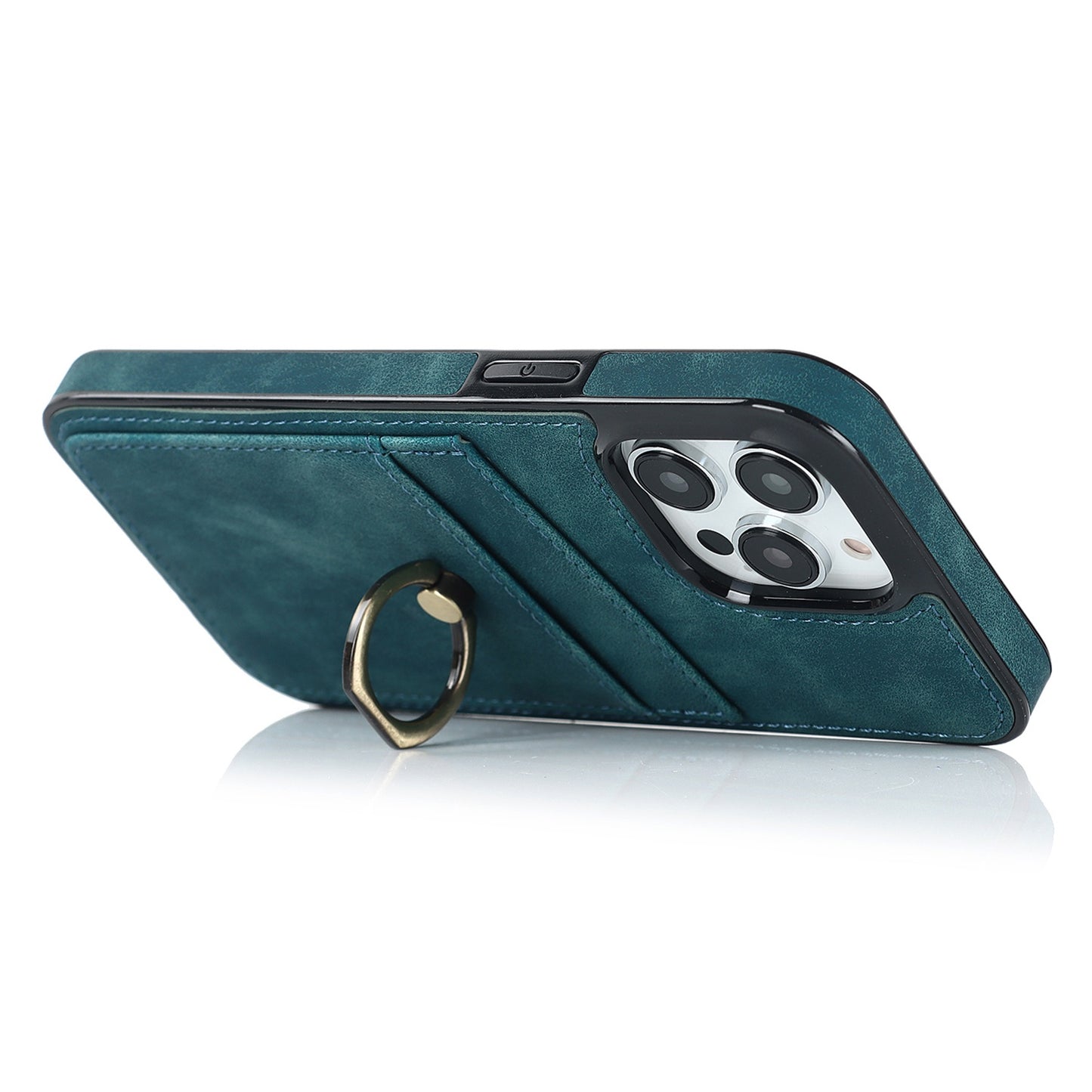 For iPhone 13 Pro 6.1 inch Card Holder Retro PU Leather Coated TPU Cover Ring Holder Kickstand Phone Case