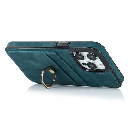 For iPhone 13 Pro 6.1 inch Card Holder Retro PU Leather Coated TPU Cover Ring Holder Kickstand Phone Case