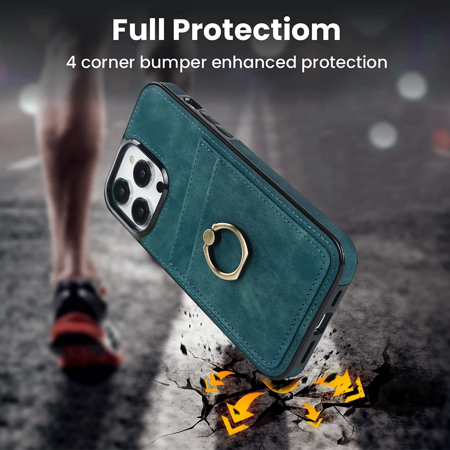 For iPhone 13 Pro 6.1 inch Card Holder Retro PU Leather Coated TPU Cover Ring Holder Kickstand Phone Case