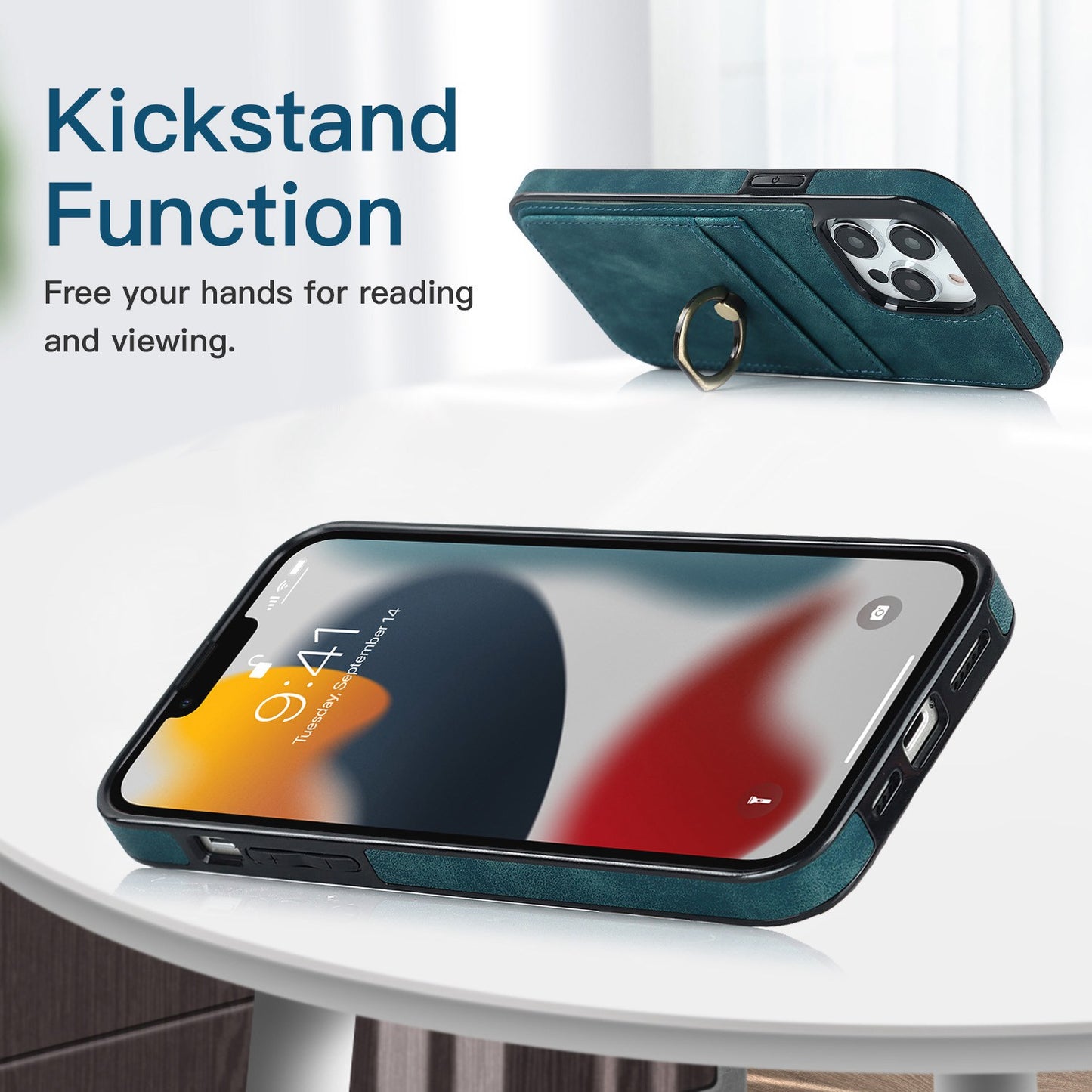 For iPhone 13 Pro 6.1 inch Card Holder Retro PU Leather Coated TPU Cover Ring Holder Kickstand Phone Case