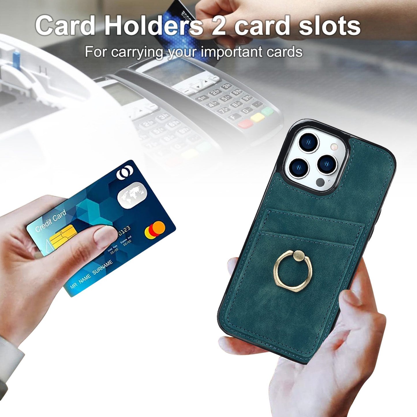 For iPhone 13 Pro 6.1 inch Card Holder Retro PU Leather Coated TPU Cover Ring Holder Kickstand Phone Case