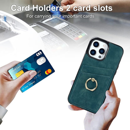 For iPhone 13 Pro 6.1 inch Card Holder Retro PU Leather Coated TPU Cover Ring Holder Kickstand Phone Case