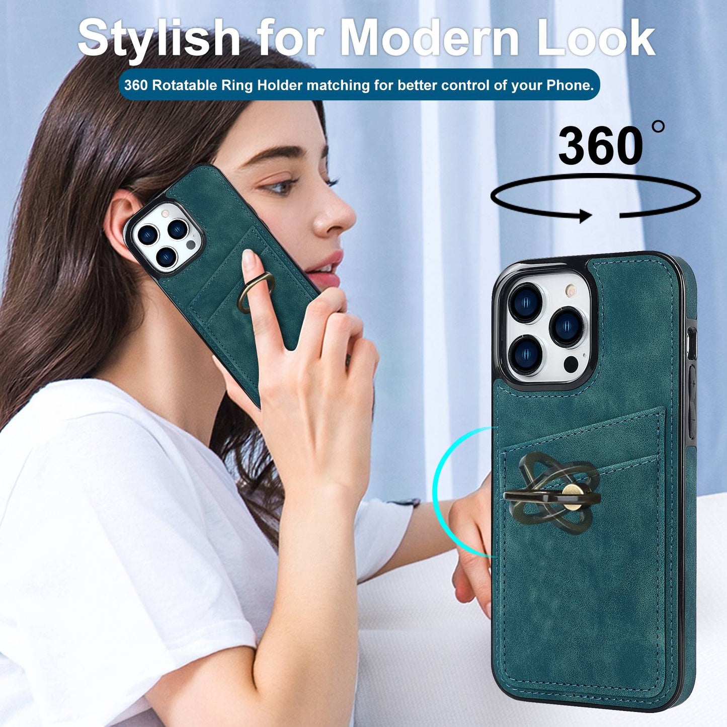 For iPhone 13 Pro 6.1 inch Card Holder Retro PU Leather Coated TPU Cover Ring Holder Kickstand Phone Case
