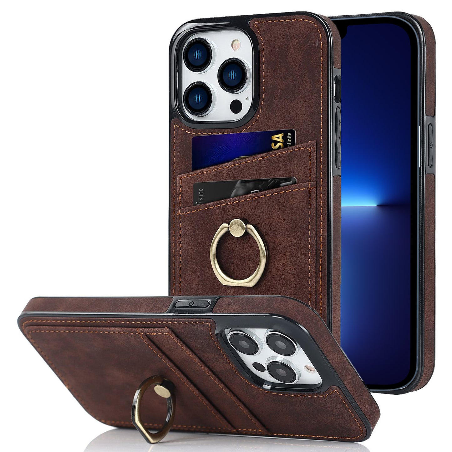 For iPhone 13 Pro 6.1 inch Card Holder Retro PU Leather Coated TPU Cover Ring Holder Kickstand Phone Case