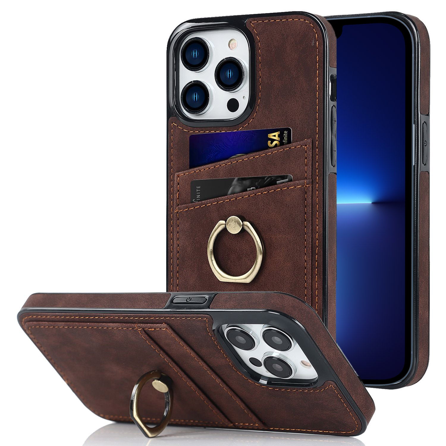 For iPhone 13 Pro 6.1 inch Card Holder Retro PU Leather Coated TPU Cover Ring Holder Kickstand Phone Case