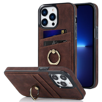 For iPhone 13 Pro 6.1 inch Card Holder Retro PU Leather Coated TPU Cover Ring Holder Kickstand Phone Case