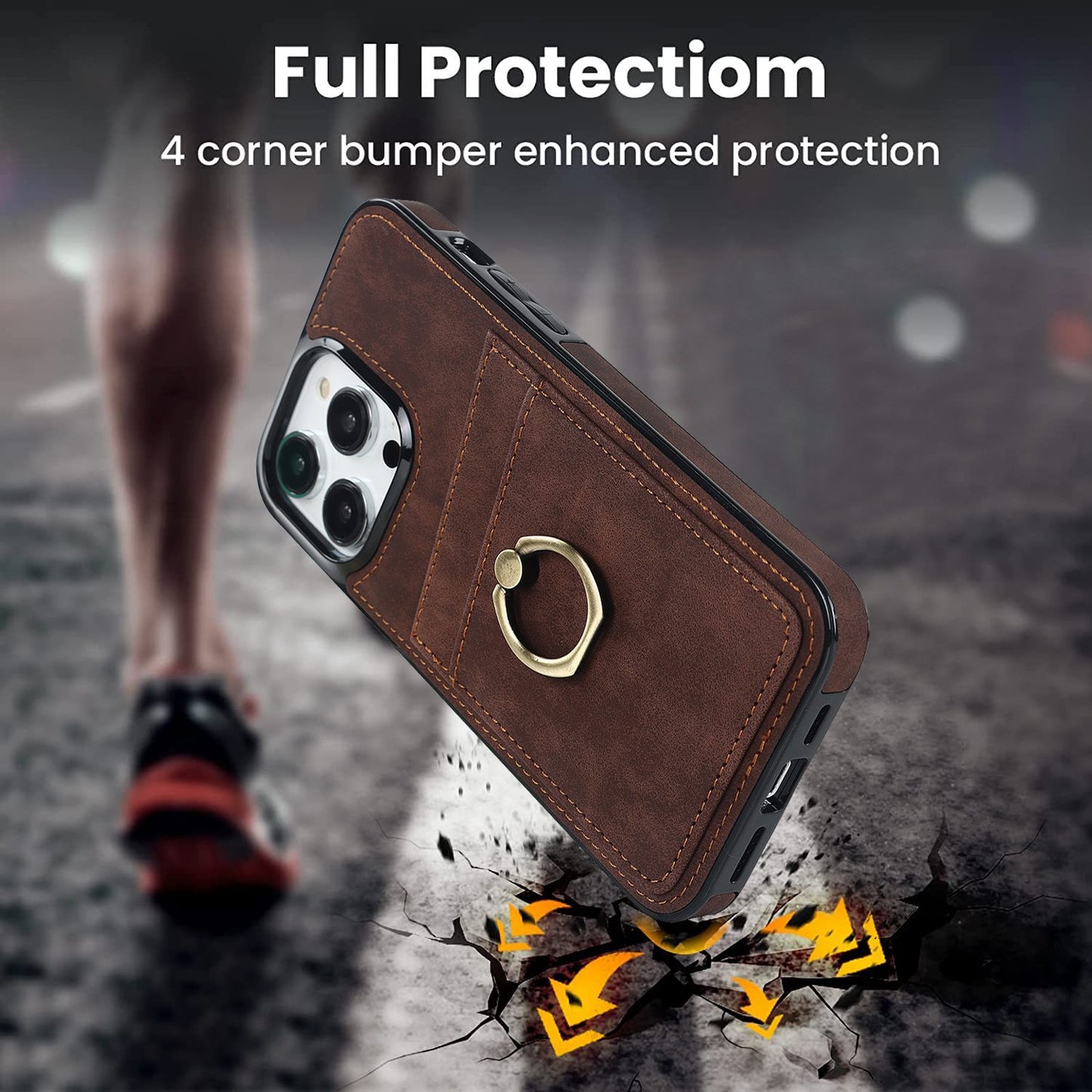 For iPhone 13 Pro 6.1 inch Card Holder Retro PU Leather Coated TPU Cover Ring Holder Kickstand Phone Case