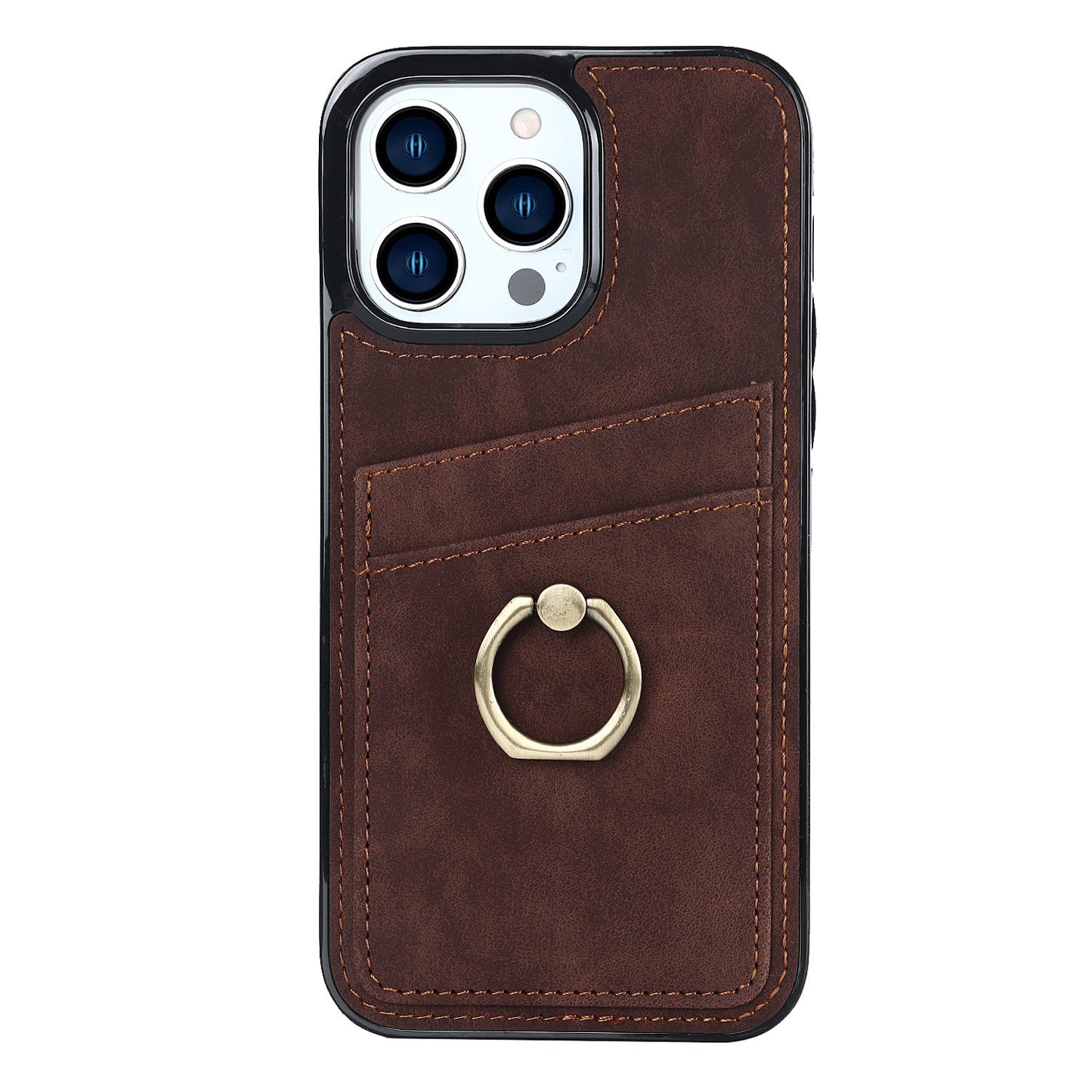 For iPhone 13 Pro 6.1 inch Card Holder Retro PU Leather Coated TPU Cover Ring Holder Kickstand Phone Case