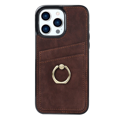 For iPhone 13 Pro 6.1 inch Card Holder Retro PU Leather Coated TPU Cover Ring Holder Kickstand Phone Case