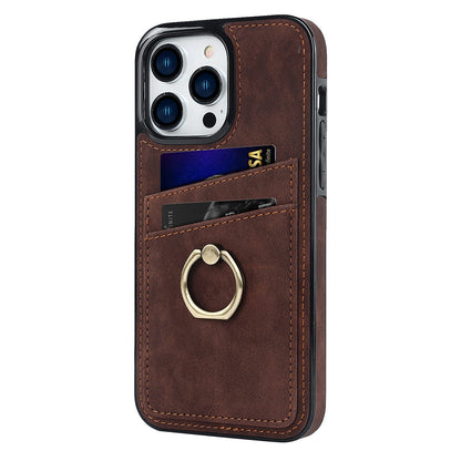 For iPhone 13 Pro 6.1 inch Card Holder Retro PU Leather Coated TPU Cover Ring Holder Kickstand Phone Case