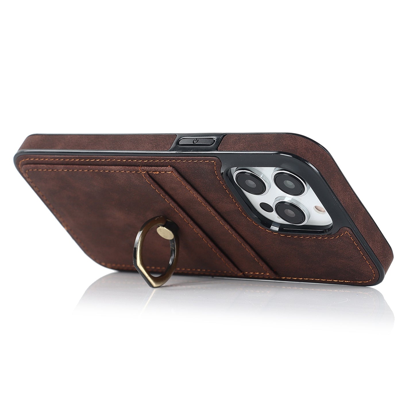 For iPhone 13 Pro 6.1 inch Card Holder Retro PU Leather Coated TPU Cover Ring Holder Kickstand Phone Case