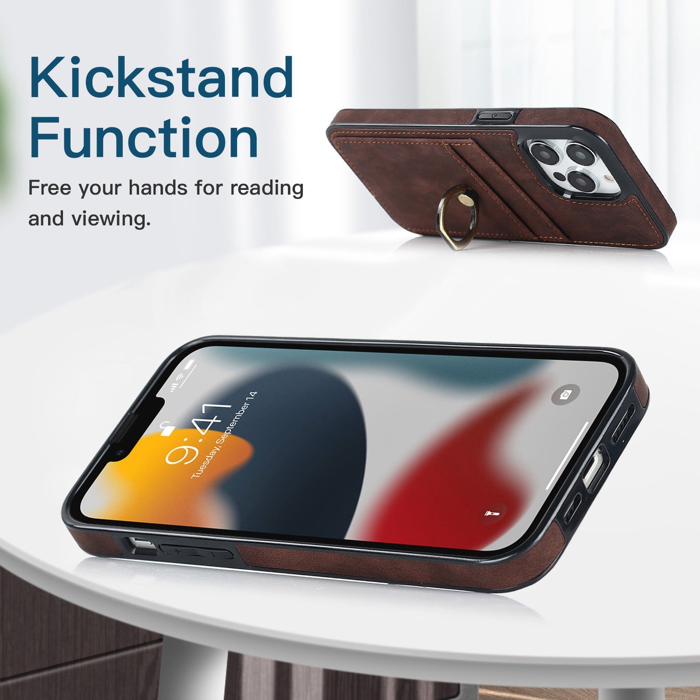 For iPhone 13 Pro 6.1 inch Card Holder Retro PU Leather Coated TPU Cover Ring Holder Kickstand Phone Case