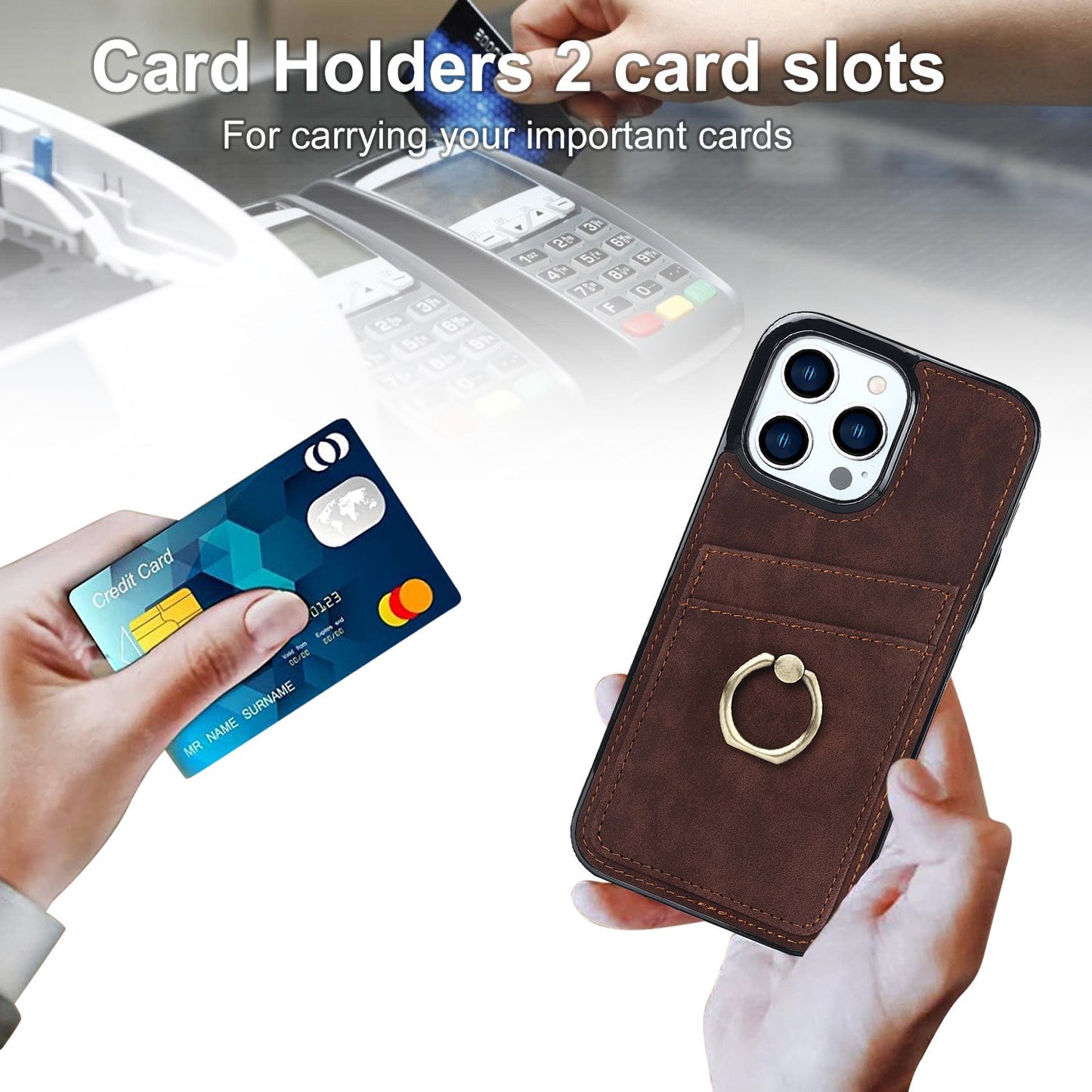 For iPhone 13 Pro 6.1 inch Card Holder Retro PU Leather Coated TPU Cover Ring Holder Kickstand Phone Case