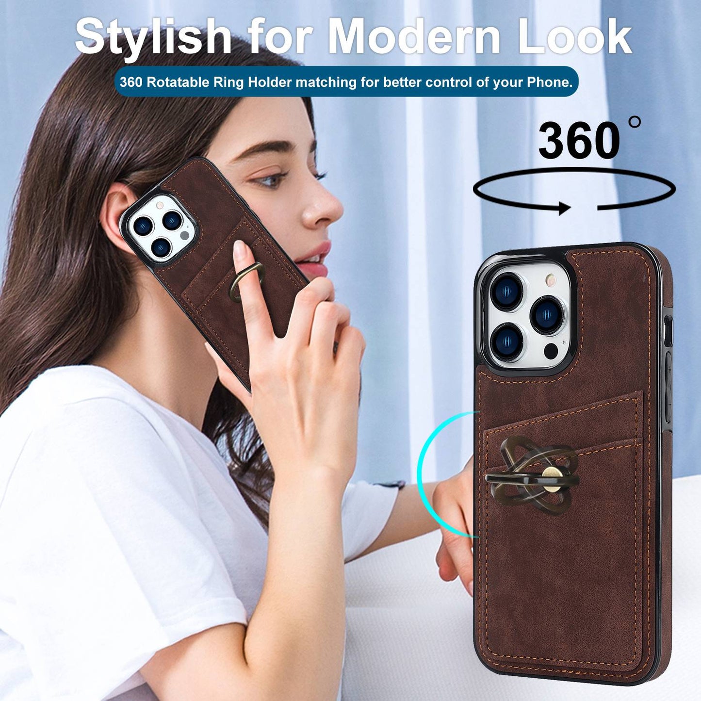 For iPhone 13 Pro 6.1 inch Card Holder Retro PU Leather Coated TPU Cover Ring Holder Kickstand Phone Case