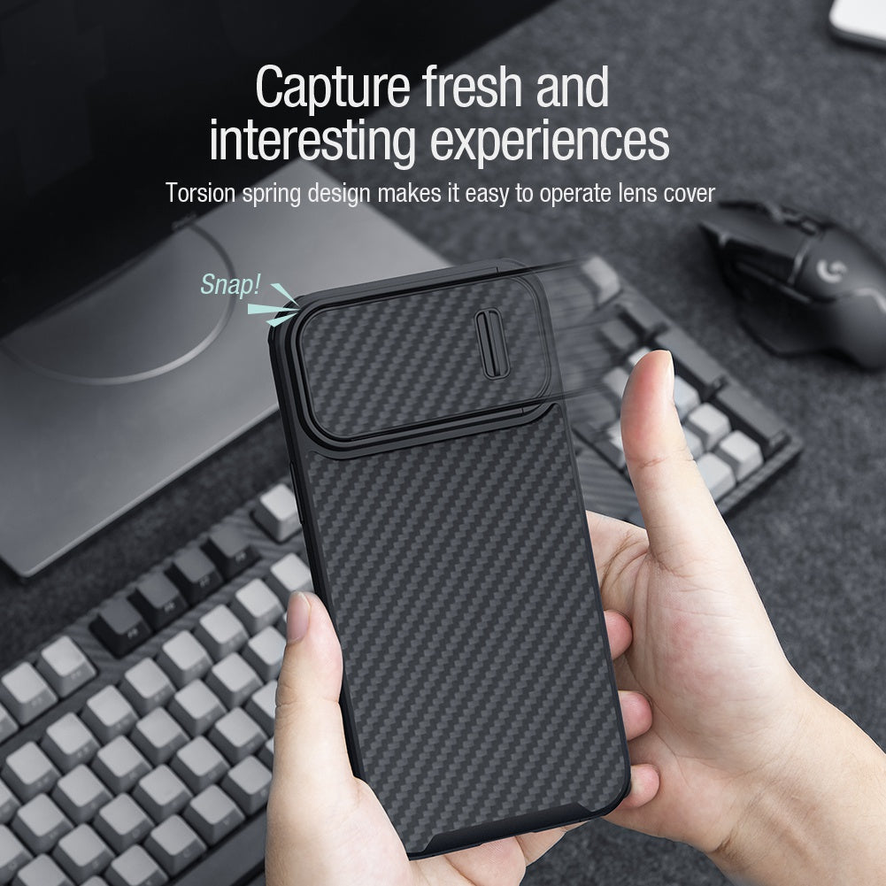 NILLKIN Carbon Fiber Case for iPhone 14, Hard PC Back TPU Frame Phone Cover with Slide Camera Protection
