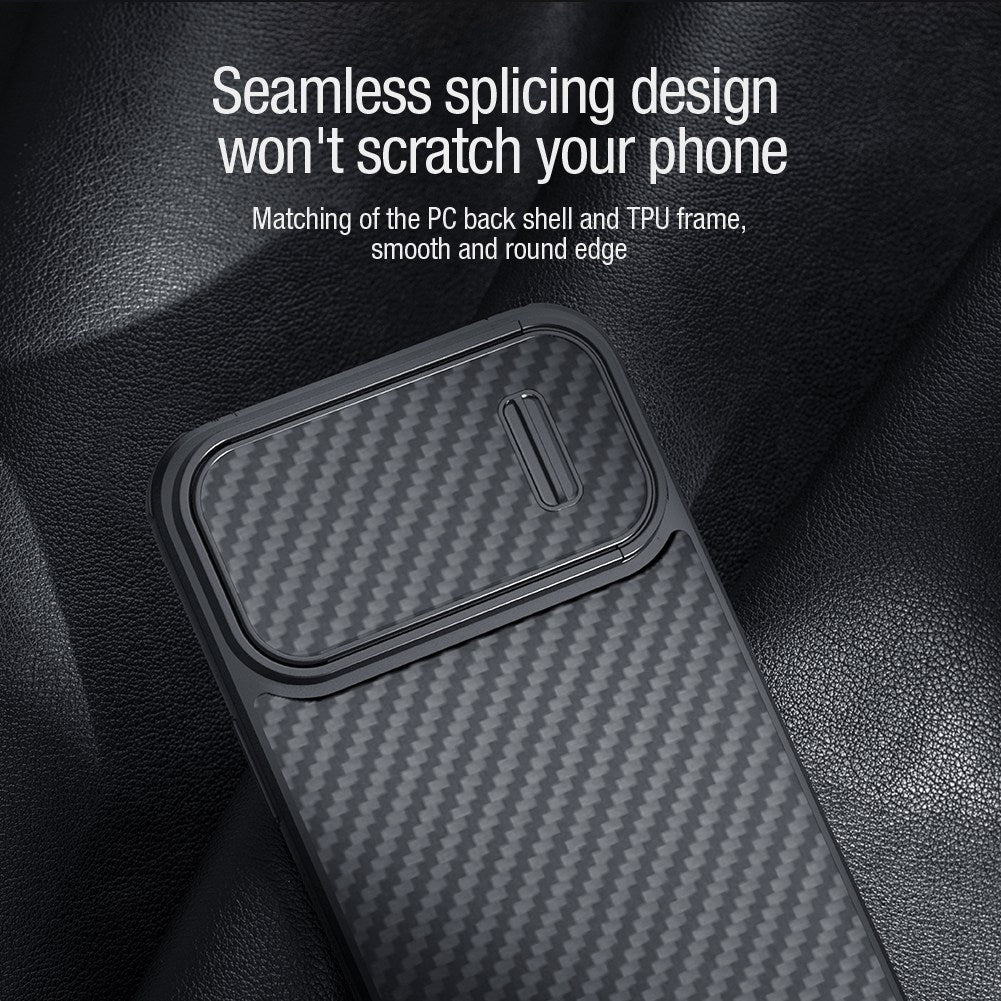 NILLKIN Carbon Fiber Case for iPhone 14, Hard PC Back TPU Frame Phone Cover with Slide Camera Protection