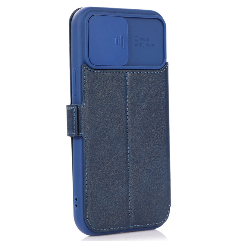 For iPhone 14 Pro Slide Camera Protection Folio Flip Phone Case PU Leather Stand Card Holder Cover
