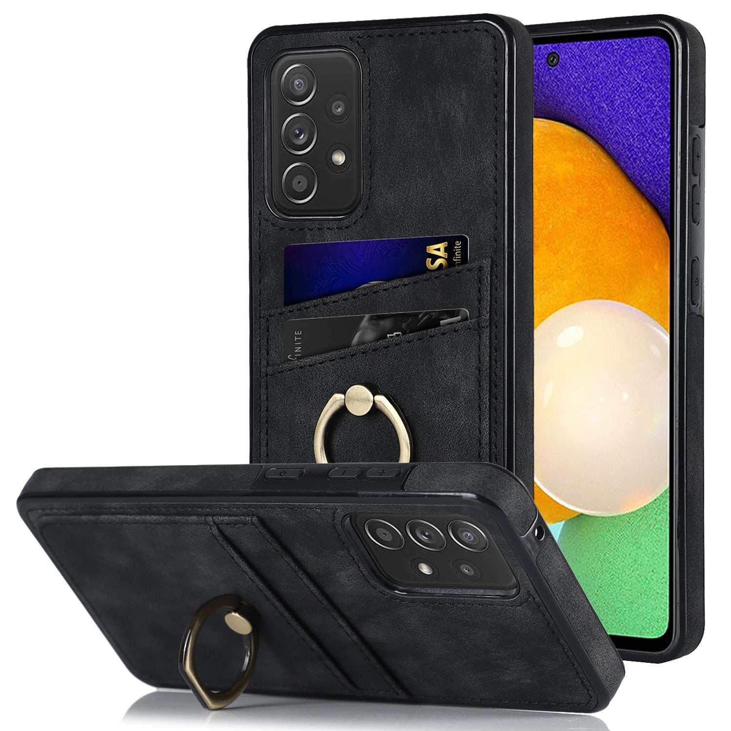For Samsung Galaxy A52 4G / 5G / A52s 5G Ring Kickstand Phone Cover Retro PU Leather Coated TPU Card Holder Case