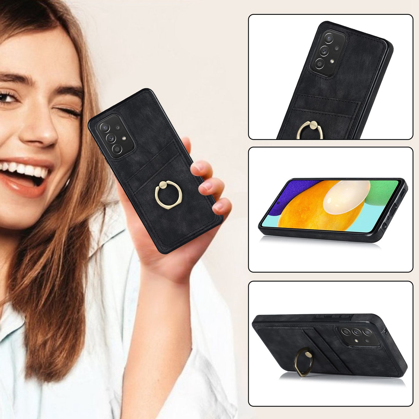 For Samsung Galaxy A52 4G / 5G / A52s 5G Ring Kickstand Phone Cover Retro PU Leather Coated TPU Card Holder Case
