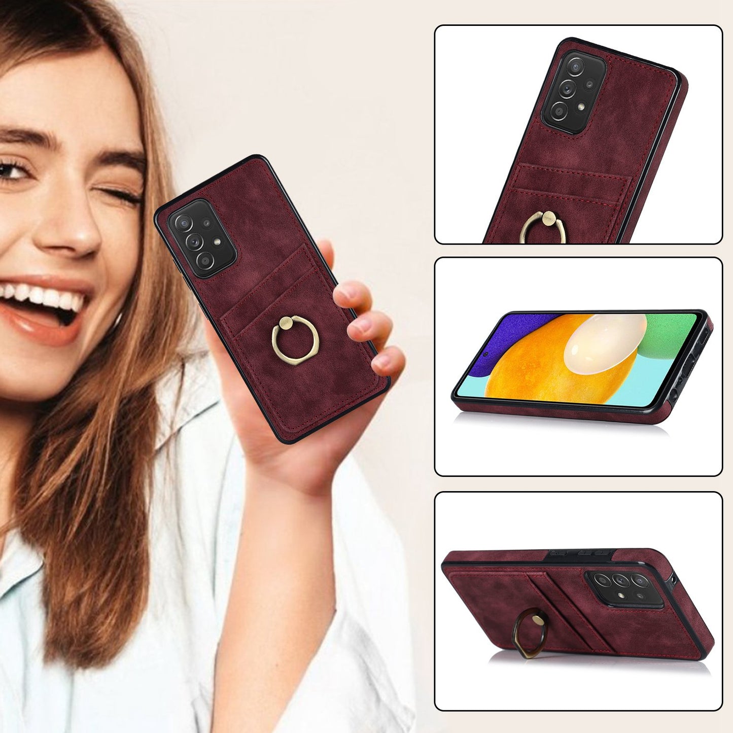 For Samsung Galaxy A52 4G / 5G / A52s 5G Ring Kickstand Phone Cover Retro PU Leather Coated TPU Card Holder Case