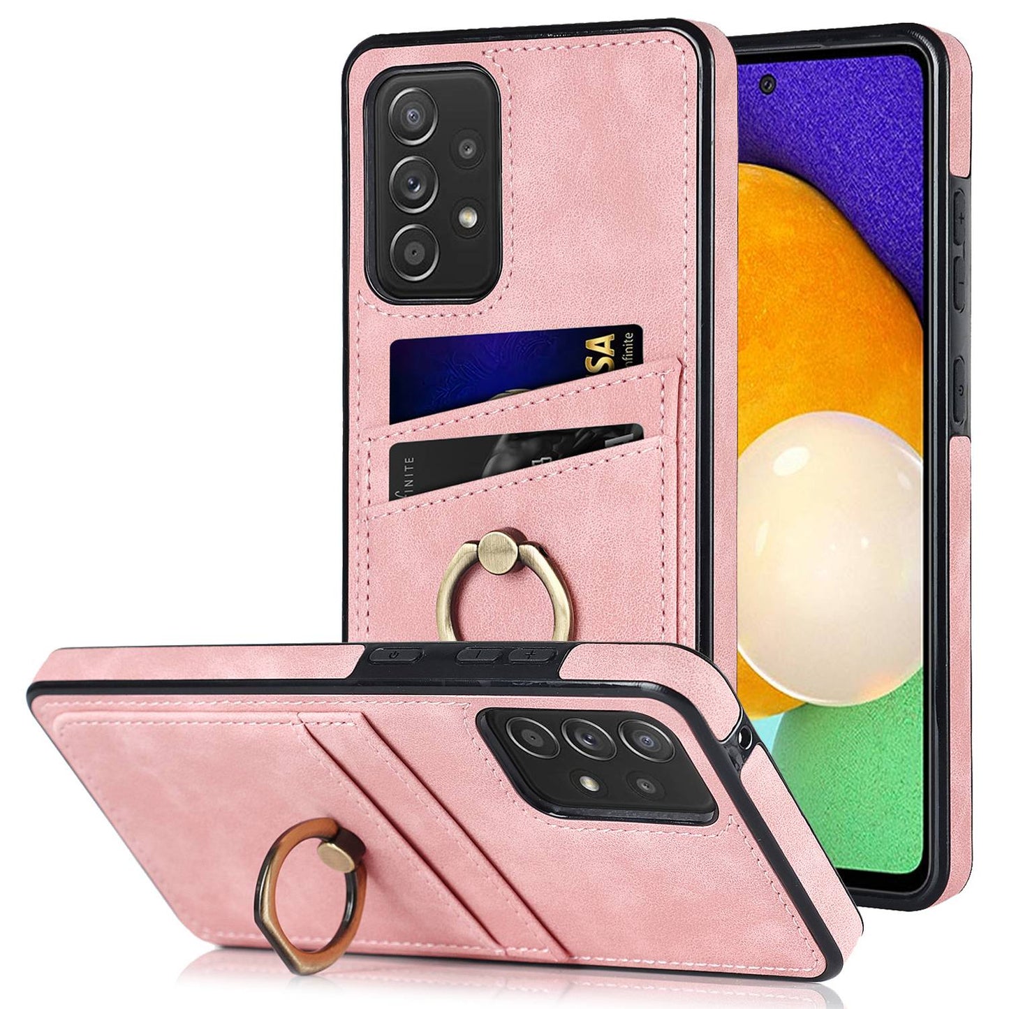 For Samsung Galaxy A52 4G / 5G / A52s 5G Ring Kickstand Phone Cover Retro PU Leather Coated TPU Card Holder Case