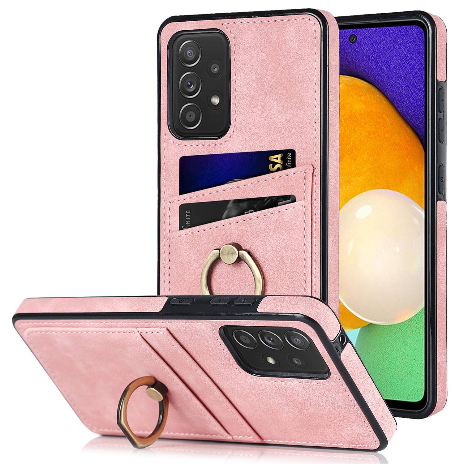 For Samsung Galaxy A52 4G / 5G / A52s 5G Ring Kickstand Phone Cover Retro PU Leather Coated TPU Card Holder Case
