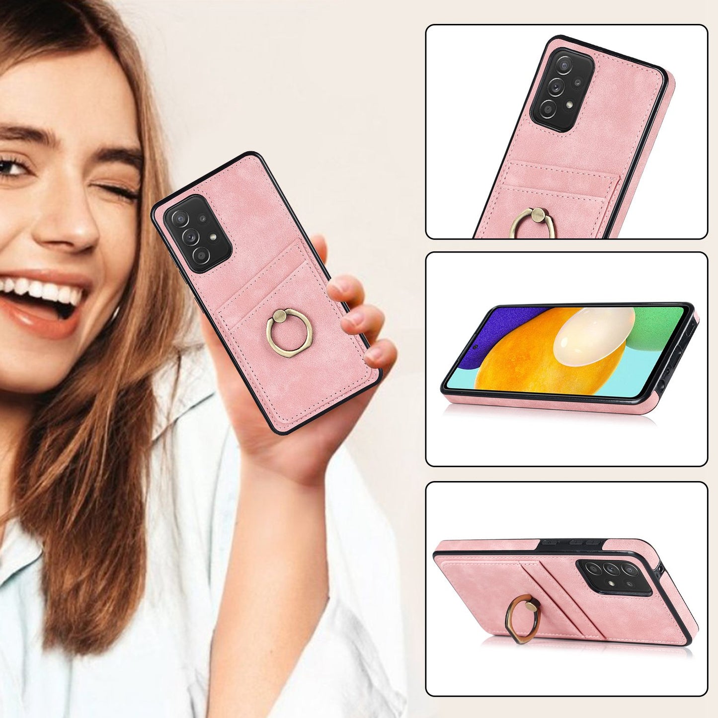 For Samsung Galaxy A52 4G / 5G / A52s 5G Ring Kickstand Phone Cover Retro PU Leather Coated TPU Card Holder Case