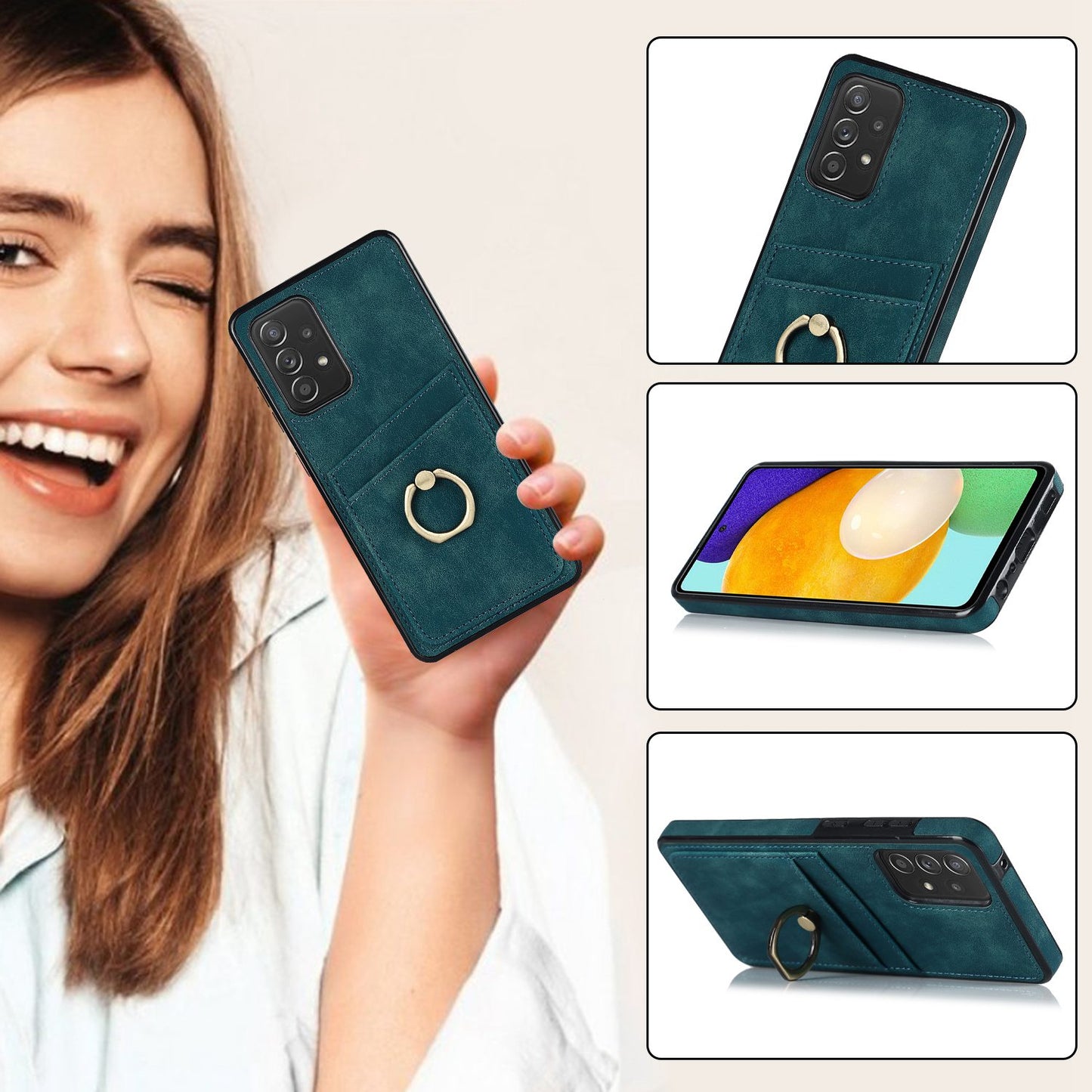 For Samsung Galaxy A52 4G / 5G / A52s 5G Ring Kickstand Phone Cover Retro PU Leather Coated TPU Card Holder Case