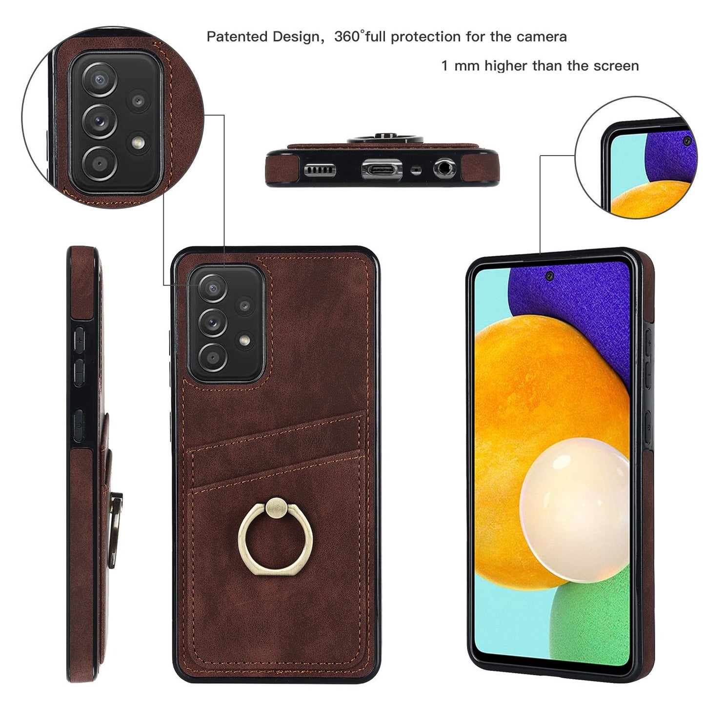For Samsung Galaxy A52 4G / 5G / A52s 5G Ring Kickstand Phone Cover Retro PU Leather Coated TPU Card Holder Case