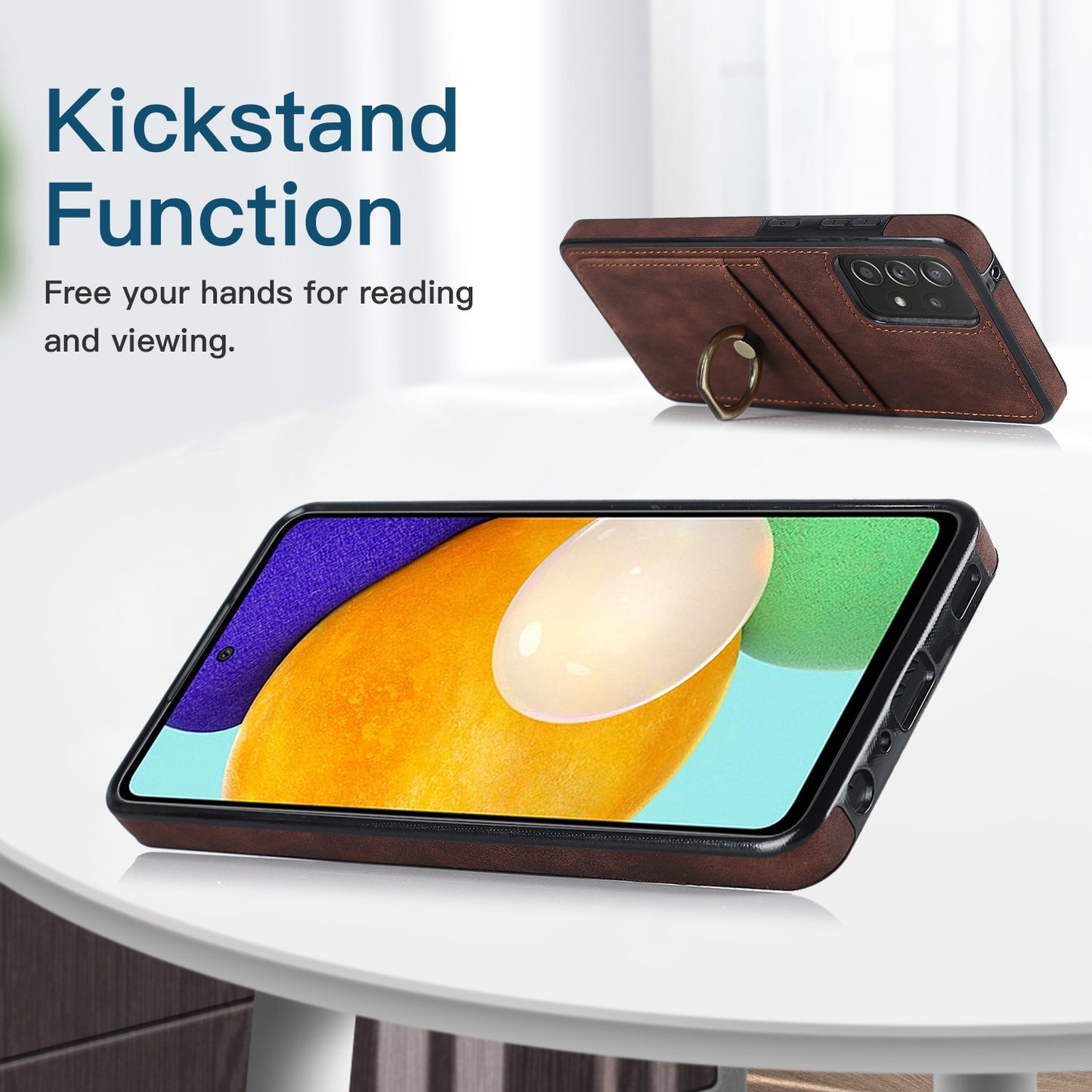 For Samsung Galaxy A52 4G / 5G / A52s 5G Ring Kickstand Phone Cover Retro PU Leather Coated TPU Card Holder Case