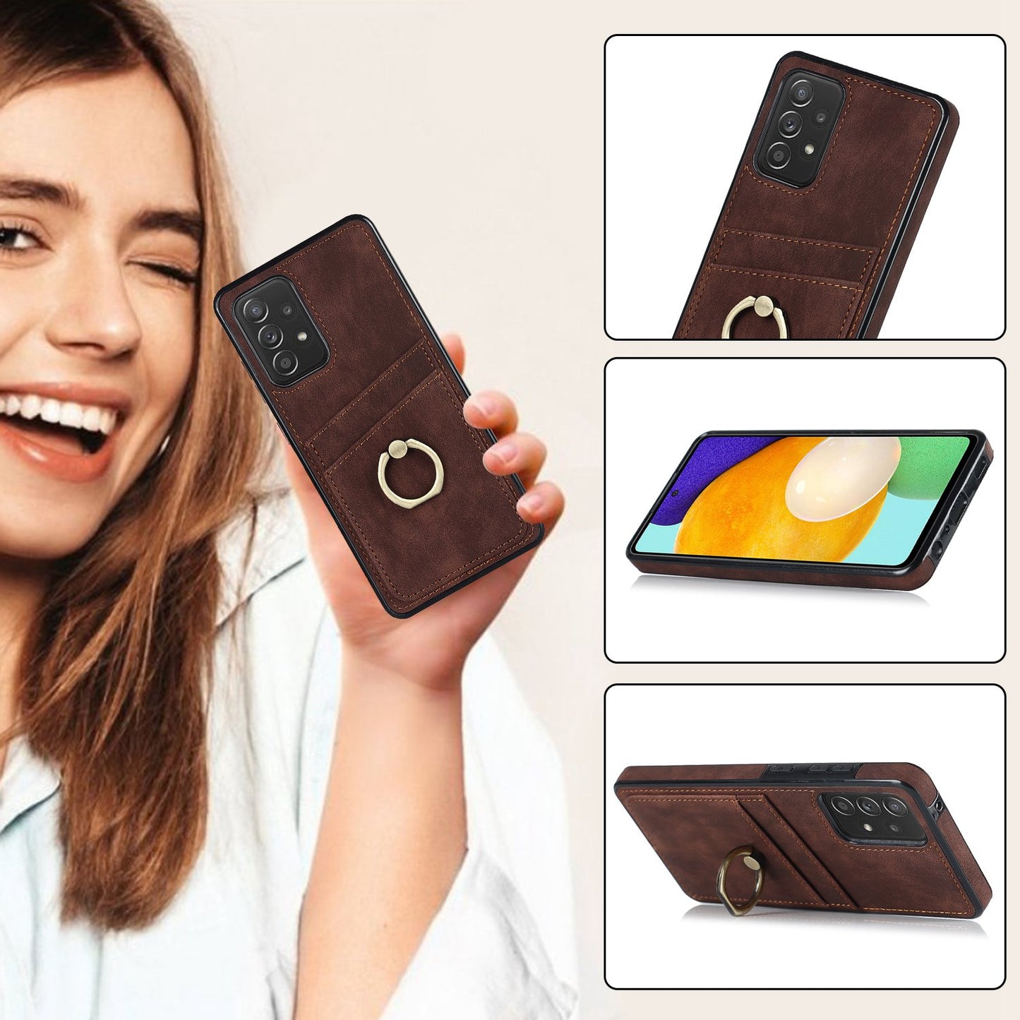 For Samsung Galaxy A52 4G / 5G / A52s 5G Ring Kickstand Phone Cover Retro PU Leather Coated TPU Card Holder Case
