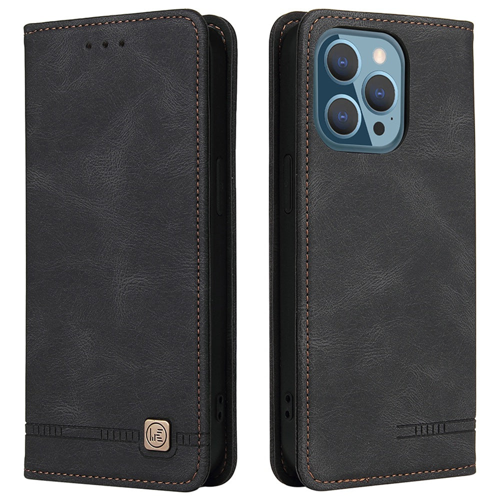 For iPhone 13 Pro 6.1 inch Shockproof Phone Cover Hardware Decor Magnetic Business Style PU Leather Wallet Case