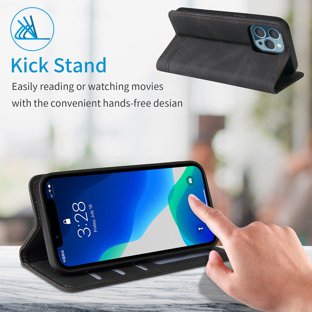 For iPhone 13 Pro 6.1 inch Shockproof Phone Cover Hardware Decor Magnetic Business Style PU Leather Wallet Case