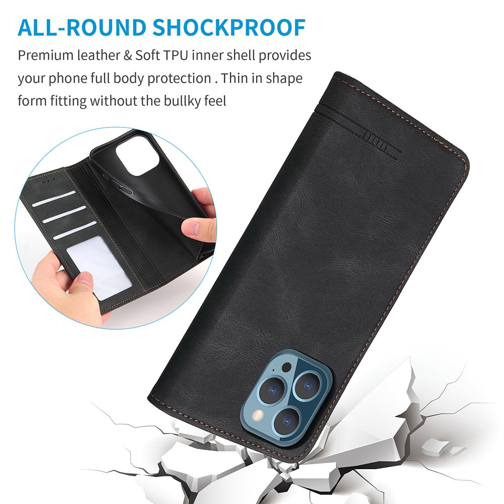 For iPhone 13 Pro 6.1 inch Shockproof Phone Cover Hardware Decor Magnetic Business Style PU Leather Wallet Case