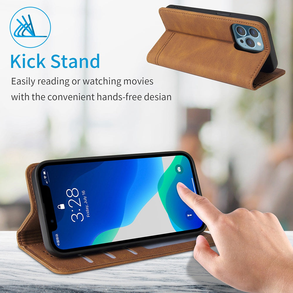 For iPhone 13 Pro 6.1 inch Shockproof Phone Cover Hardware Decor Magnetic Business Style PU Leather Wallet Case