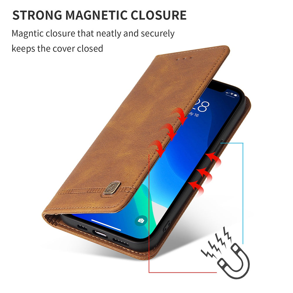 For iPhone 13 Pro 6.1 inch Shockproof Phone Cover Hardware Decor Magnetic Business Style PU Leather Wallet Case