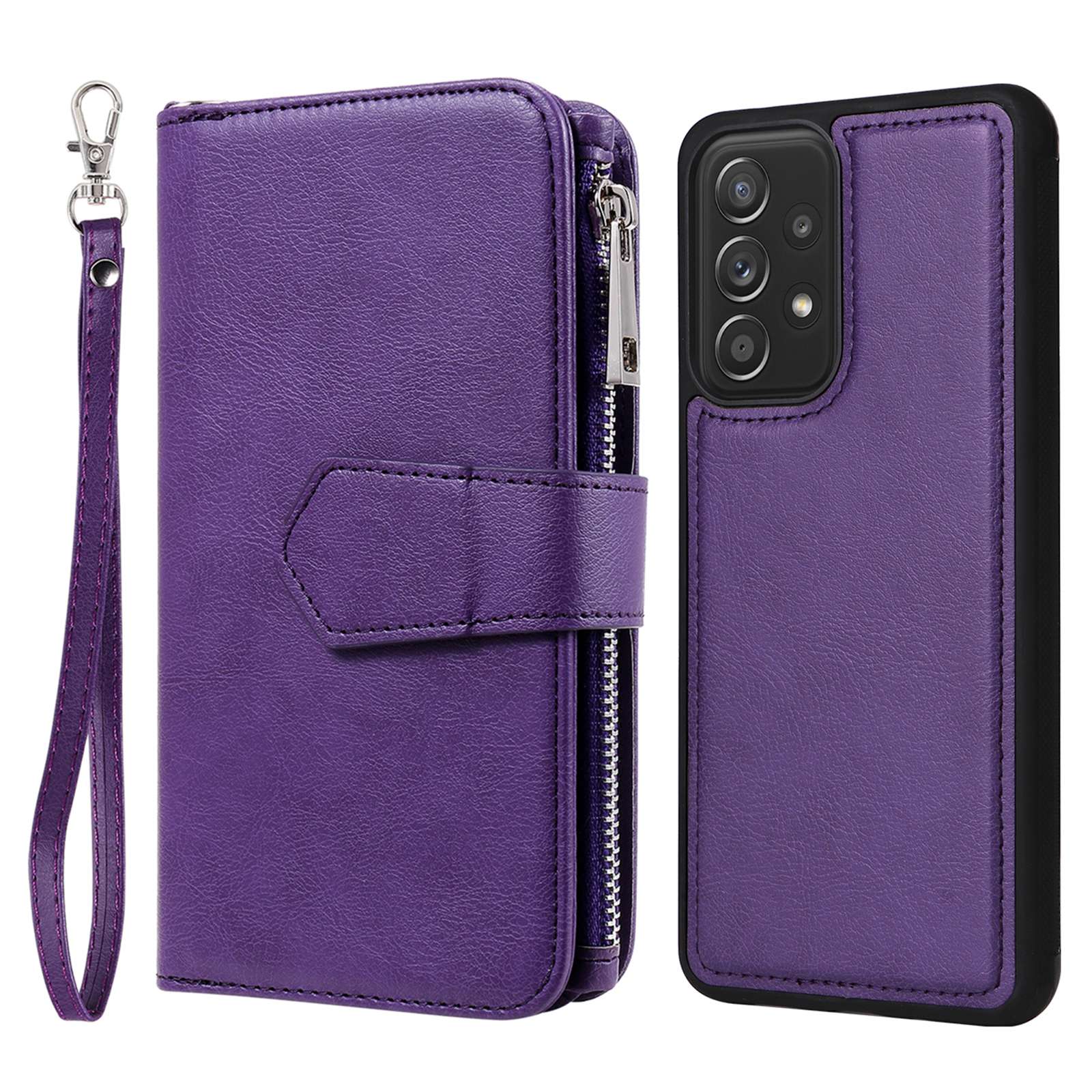 KT Multi-functional Series-4 for Samsung Galaxy A52s 5G / A52 5G / 4G PU Leather Wallet Case Zipper Pocket Phone Cover Adjustable Stand Shell