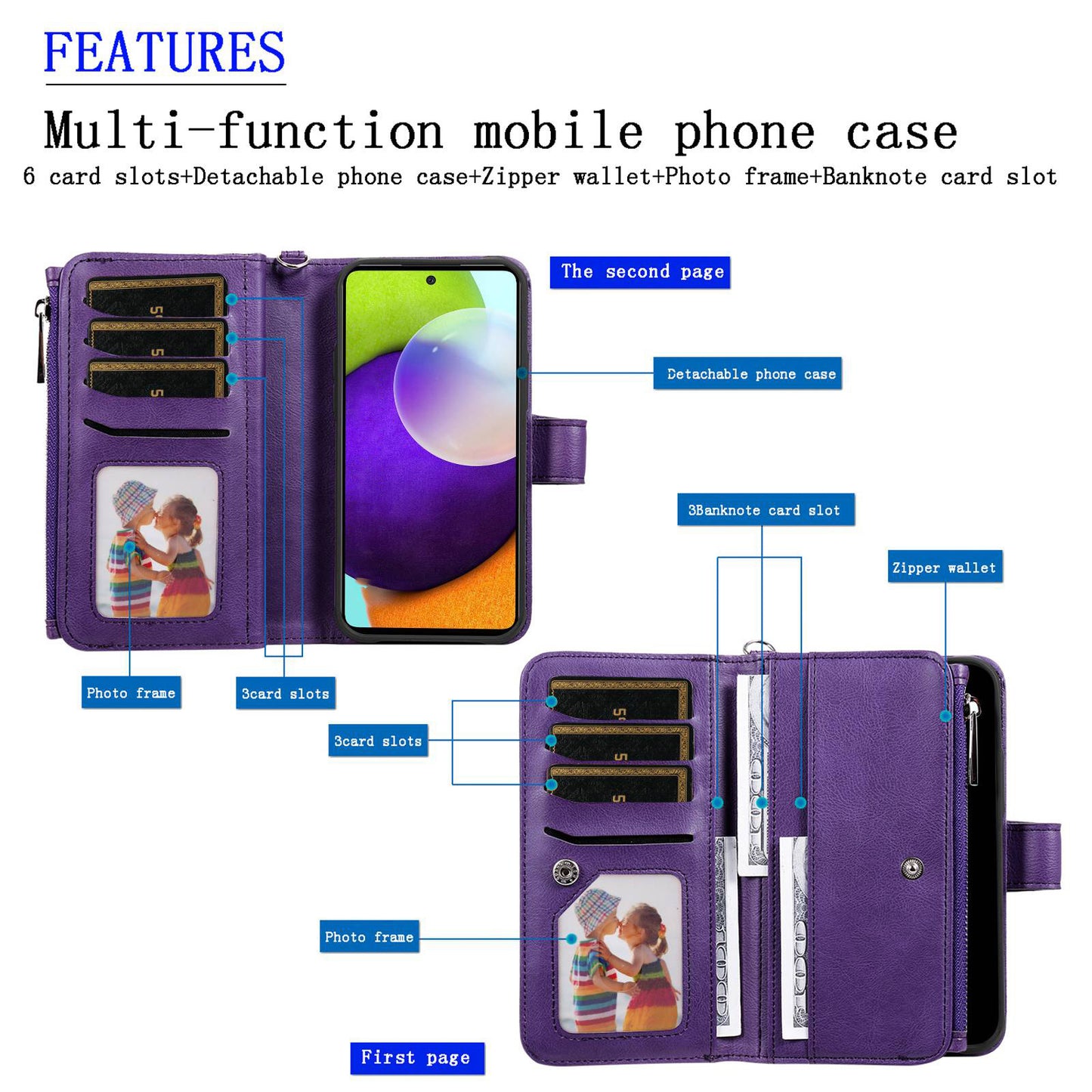 KT Multi-functional Series-4 for Samsung Galaxy A52s 5G / A52 5G / 4G PU Leather Wallet Case Zipper Pocket Phone Cover Adjustable Stand Shell