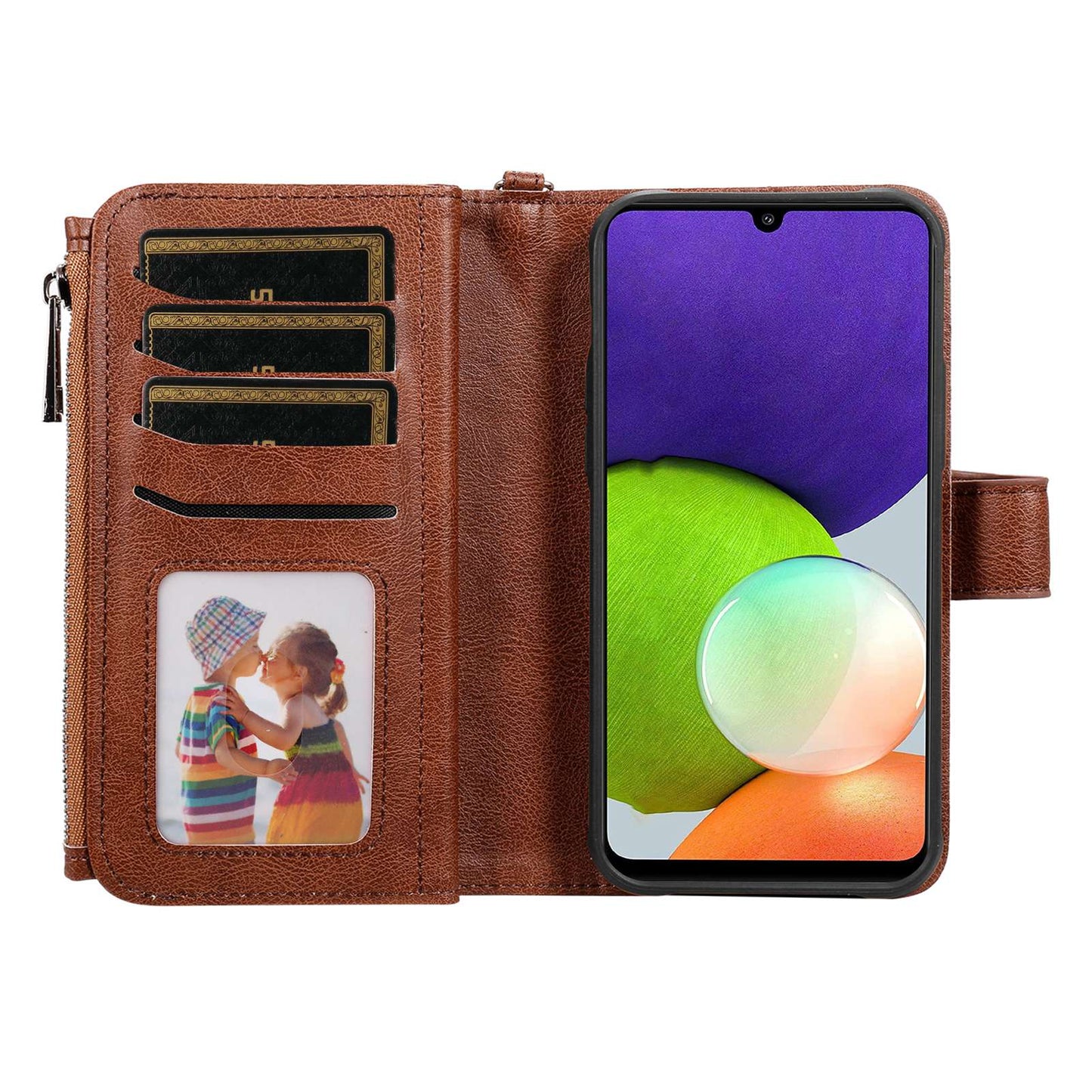KT Multi-functional Series-4 Magnetic Phone Case for Samsung Galaxy A22 4G (EU Version),  Stand PU Leather Wallet Cover with Zipper Pocket