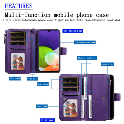 KT Multi-functional Series-4 Magnetic Phone Case for Samsung Galaxy A22 4G (EU Version),  Stand PU Leather Wallet Cover with Zipper Pocket
