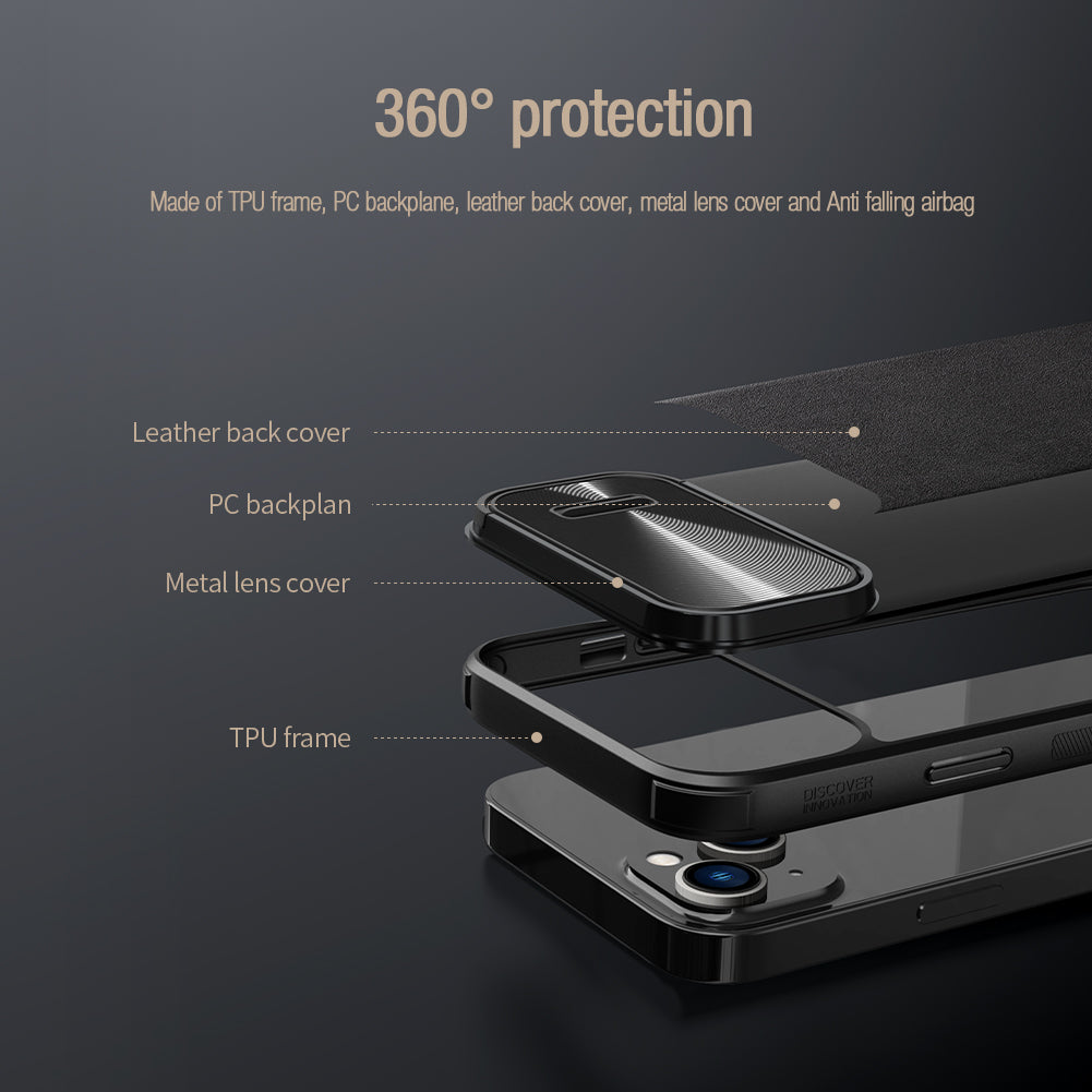 NILLKIN For iPhone 14 Plus Protective Case Anti Scratch Phone Cover PU Leather Coated PC + TPU Phone Case with Slide Camera Cover